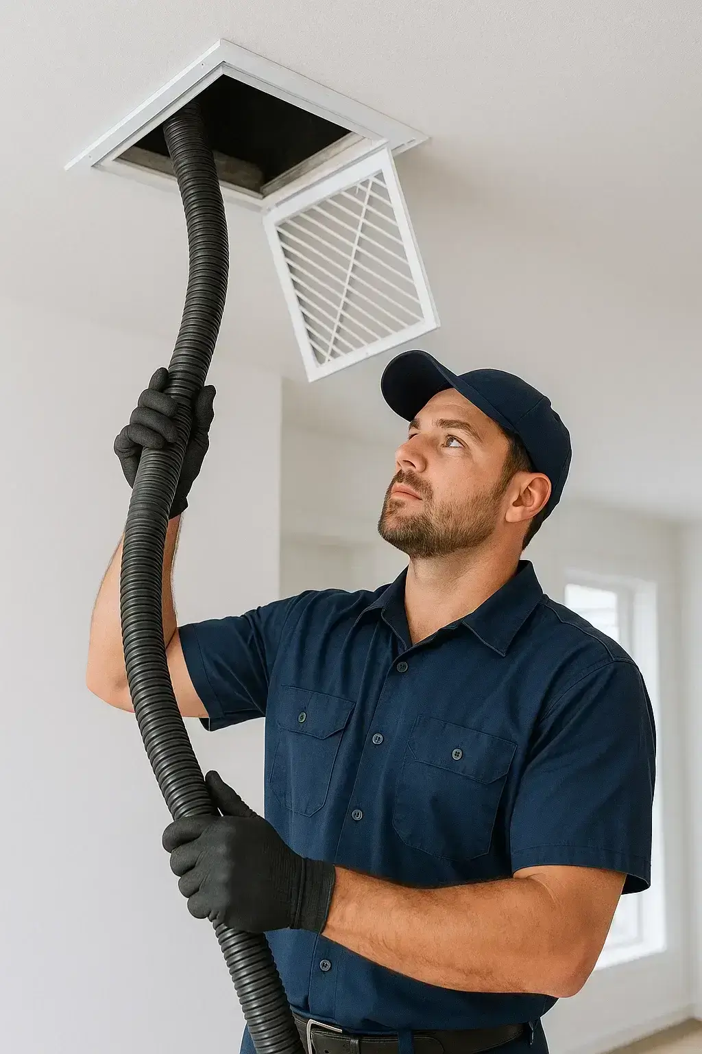 Expert technician from The Woodlands Air Ducts Cleaning TX vacuuming air vents for clean airflow