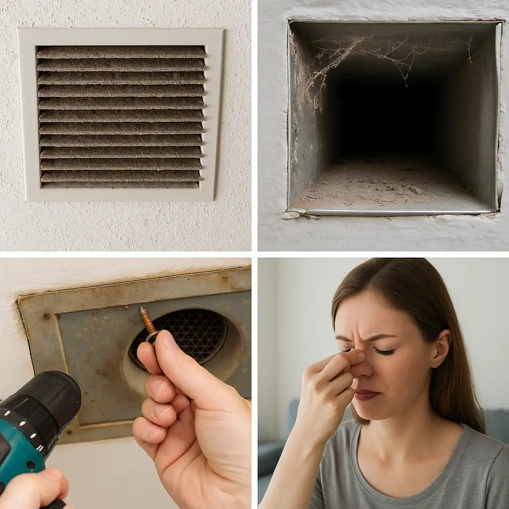 Technician from The Woodlands Air Ducts Cleaning TX inspecting dusty air ducts with camera and flashlight to detect hidden issues.