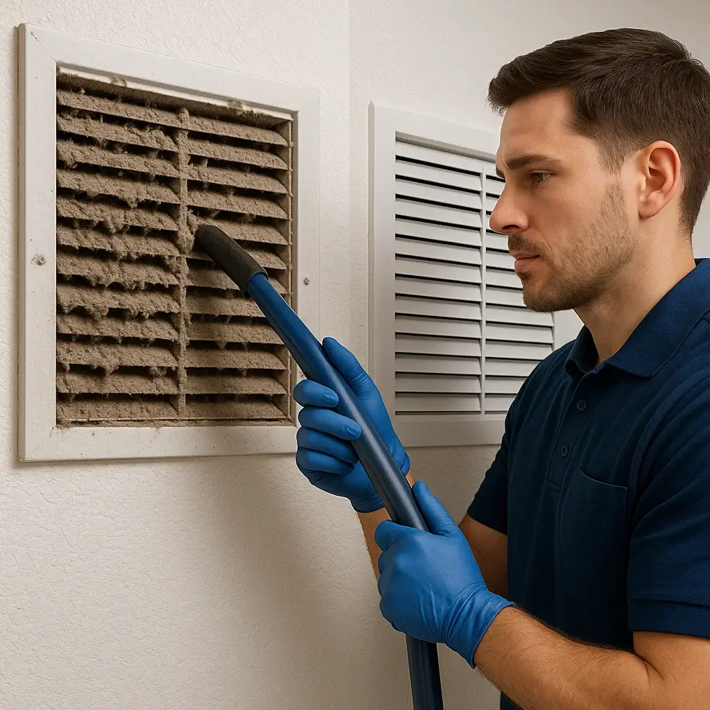 rofessional technician from The Woodlands Air Ducts Cleaning TX performing deep air duct cleaning with industrial vacuum for cleaner indoor air.